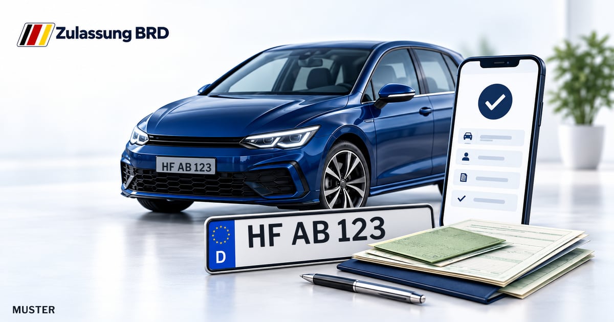 Online Fahrzeugzulassung in Spenge: Musterkennzeichen HF AB 123, Auto und Fahrzeugpapiere und Smartphone. Illustration mit Logo von Zulassung BRD.